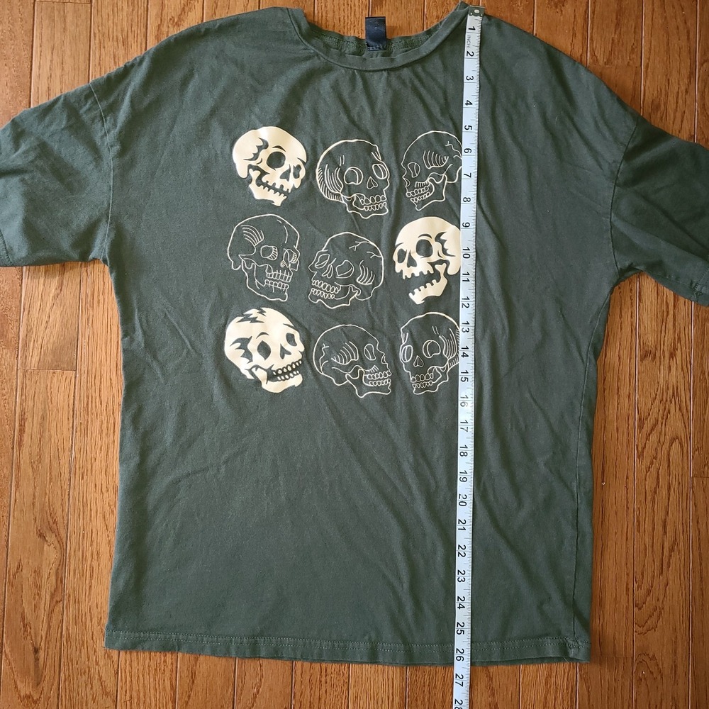 Nine Skulls Tee Skull Graphic Skater Dark Academia Olive Green and Beige Small - Picture 5 of 6